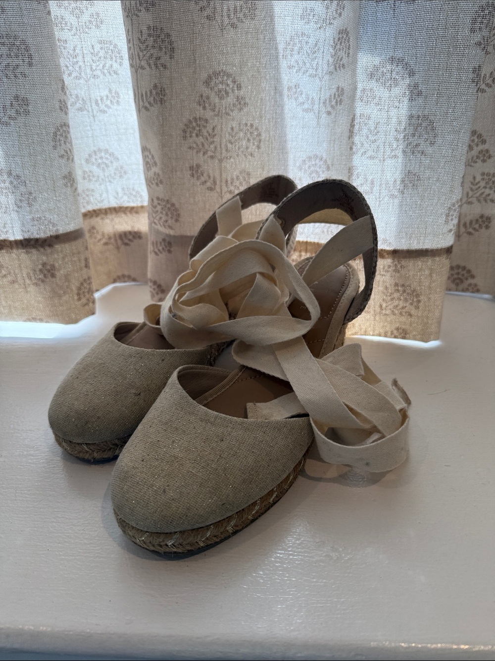 Kelly & Katie Natural Beige Canvas Espadrille Wedges with Ankle Wrap